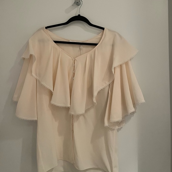 Chloé Ruffled Collar Silk Crepe de Chine Blouse Button Front V-Neck White NWT - Picture 2 of 14